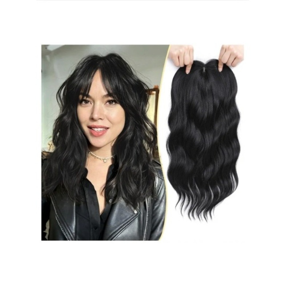 Ms Taj 16 Inch Clip In Hair Topper Wavy Synthetic Black Hairpiece Silk Base